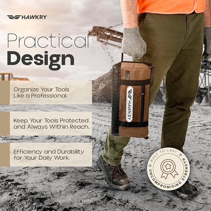 HAWKRY Canvas Tool Pouch – Brown Tool Bag for Tool Storage, DIY, Electrical, Auto or Hobby Use | Rugged Canvas Organizer with Zipper & Reinforced Base – Compact Utility Pouch for Toolbox or Car