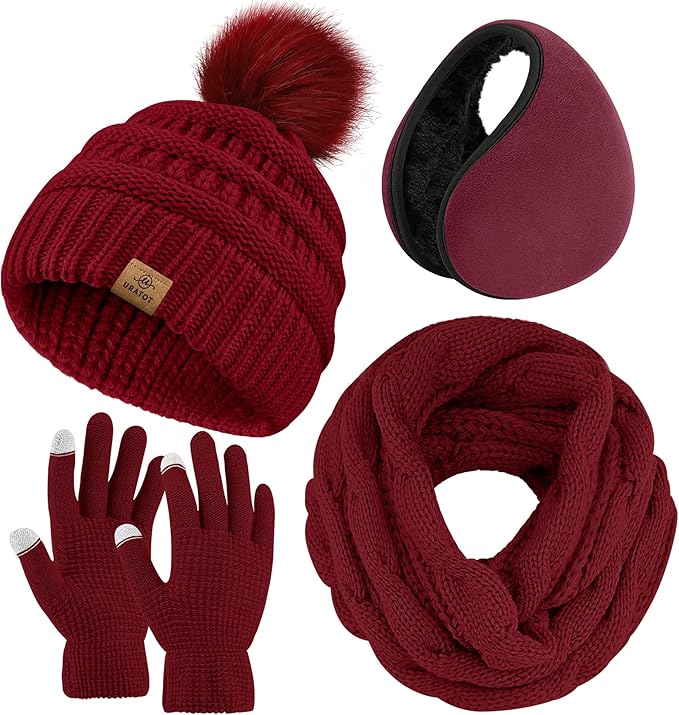 URATOT 4-In-1 Winter Warm Sets Knitted Scarf Touch Screen Gloves Beanie Pompom Hat and Winter Ear Warmer for Men or Women