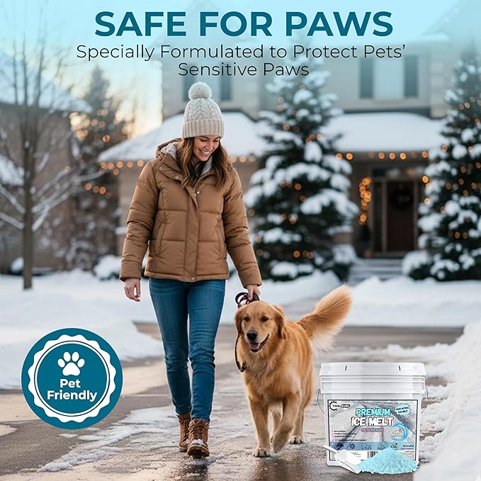 Pet-Friendly Ice Melt - Fast-Acting Magnesium Chloride Formula, Safer for Pets & Surfaces, 45lb Bucket with Scoop