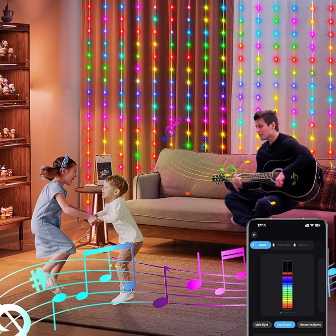 echosari Smart Curtain Lights 6.6 x 9.8Ft 16 Million Colors Changing 300 LED Fairy Curtain Lights DIY Functions with Remote APP Hanging Light for Patio Bedroom Decor