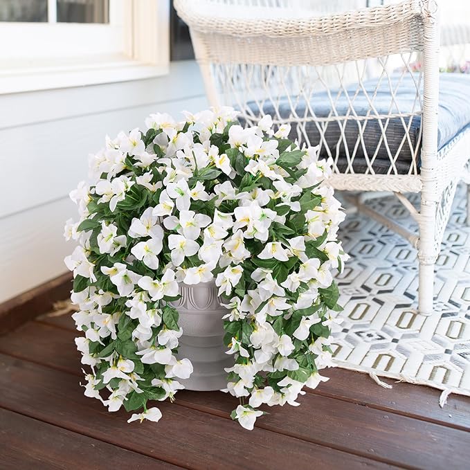 Faux Bougainvillea Artificial Flowers Plants for Outdoors Outside Decoration, 2 PCS White Fake Flowers UV Resistant Look Real Silk Long Trailing Vines for Front Door Porch Planter Patio Garden Yard