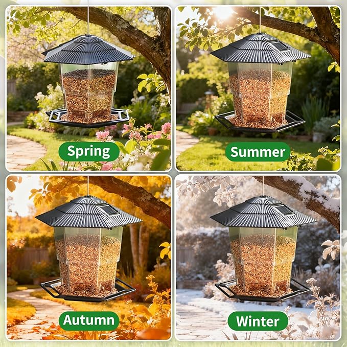 Solar Bird Feeder for Outdoors Hanging,Black Hanging Wild Bird Feeders with S Hook for Blue Bird, Cardinals, Finches,Wild Birds Seed Feeder, As Gift for Bird Lovers