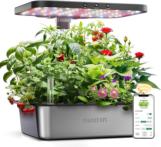 owltron Smart Hydroponics Growing System Kit,15 Pods Indoor Herb Garden with 36W LED Grow Light & APP Control, Planting Height Up to 30", Quiet Water Pump, Ideal Gift for All Ages Dark Silver