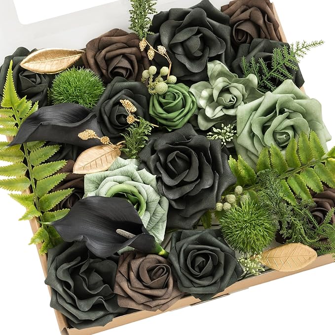 Ling's moment Fake Flowers Box, Faux Artificial Greenery Stems Foam Roses Gardenia Silk Lily Fabic Flower for Centerpieces Bouquet Wedding Vase Floral Decorations, Emerald & Gold, Grand Combo