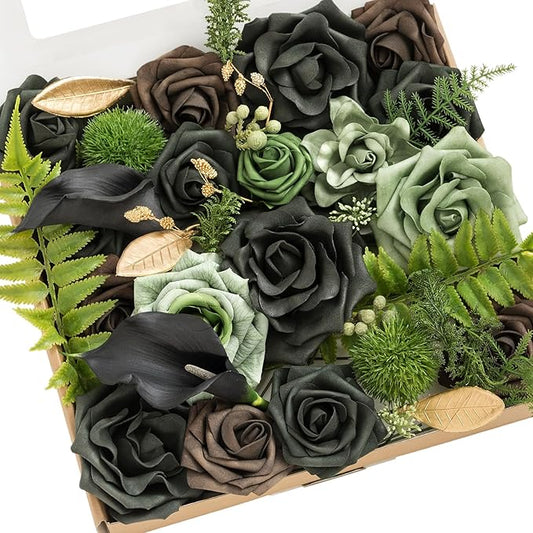 Ling's moment Fake Flowers Box, Faux Artificial Greenery Stems Foam Roses Gardenia Silk Lily Fabic Flower for Centerpieces Bouquet Wedding Vase Floral Decorations, Emerald & Gold, Grand Combo