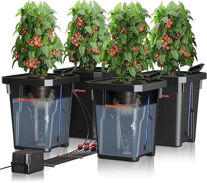 Spider Farmer DWC Hydroponics Grow System with 7-Gallon Deep Water Culture, New Triangular Cover Design, Recirculating Drip Garden System with Top Drip Kit, 11W Air Pump, 4 Buckets