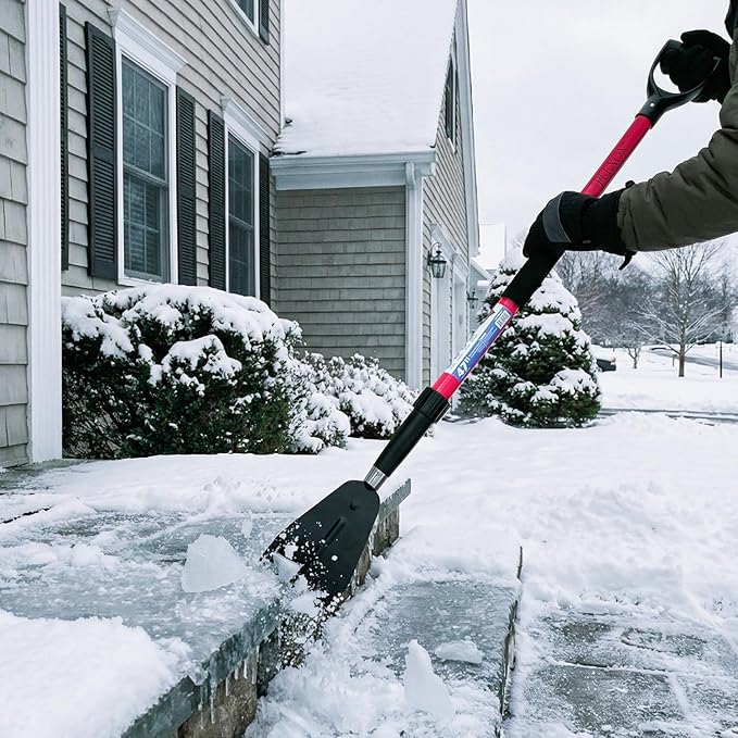 PLEXON Snow Shovel for Driveway Car with Ice Chopper - Ergonomic Collapsible Lightweight Folding Fiberglass Snow Pusher for Snow Removal and Breaking Ice - 18" Width 47", Black, Red