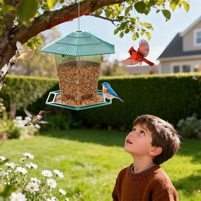 Bird Feeder for Outdoors Hanging,Green Hanging Wild Bird Feeders with S Hook for Blue Bird, Cardinals, Finches,Wild Birds Seed Feeder, As Gift for Bird Lovers