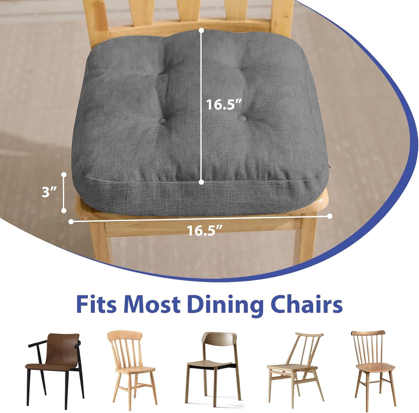 Chair Cushions for Dining Chairs, Dining Chair Cushions, Tufted Indoor Chair Pads with Ties & Non Slip Backing, Seat Cushions for Kitchen Chairs 16.5” x 16.5” x 3.5”, Set of 4, Grey