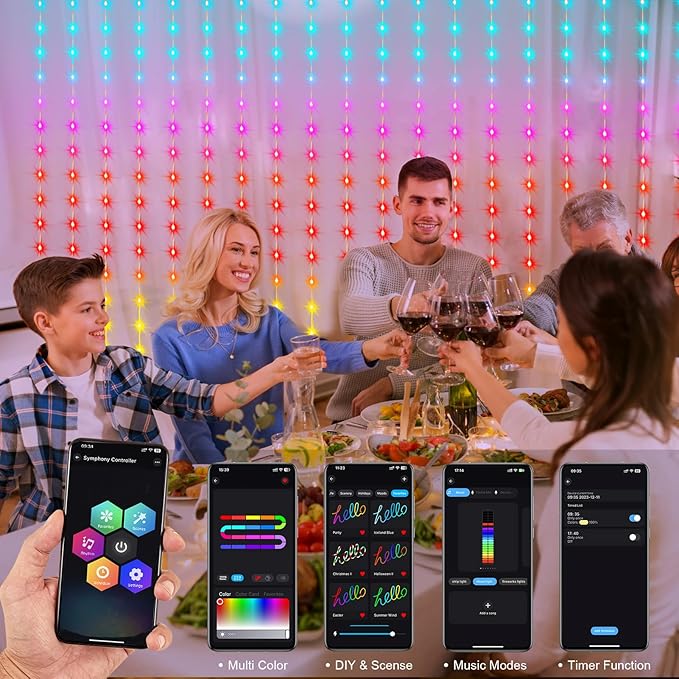 echosari Smart Curtain Lights 6.6 x 9.8Ft 16 Million Colors Changing 300 LED Fairy Curtain Lights DIY Functions with Remote APP Hanging Light for Patio Bedroom Decor