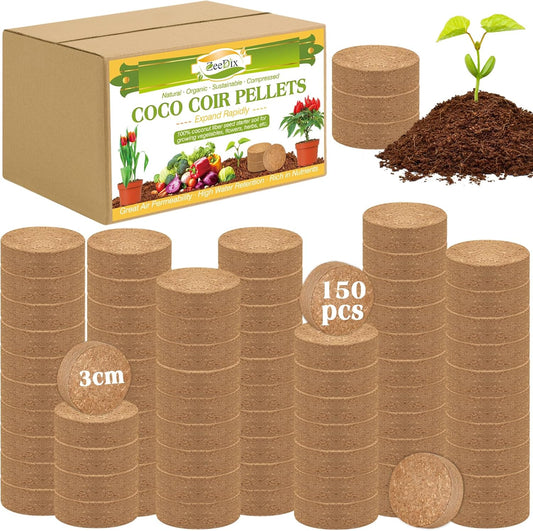 ZeeDix Organic Coco Coir Pellets Potting Soil, 150pcs 30mm Compressed Coconut Fiber Seed Starter Soil Pellets, Coco Peat Soil Discs for Indoor Outdoor Plants, Herbs, Houseplants, Flowers, Vegetables