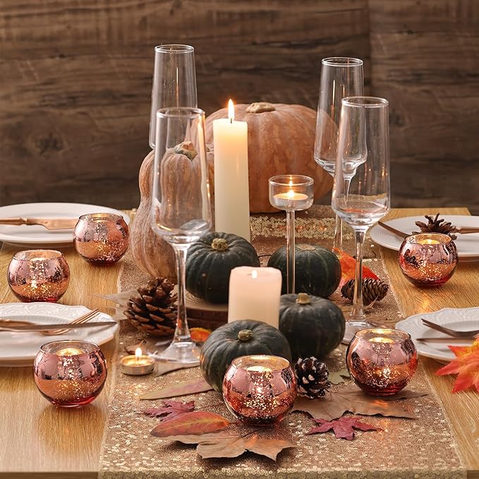 Volens Round Rose Gold Votive Candle Holders, Mercury Glass Tealight Candle Holder Set of 12