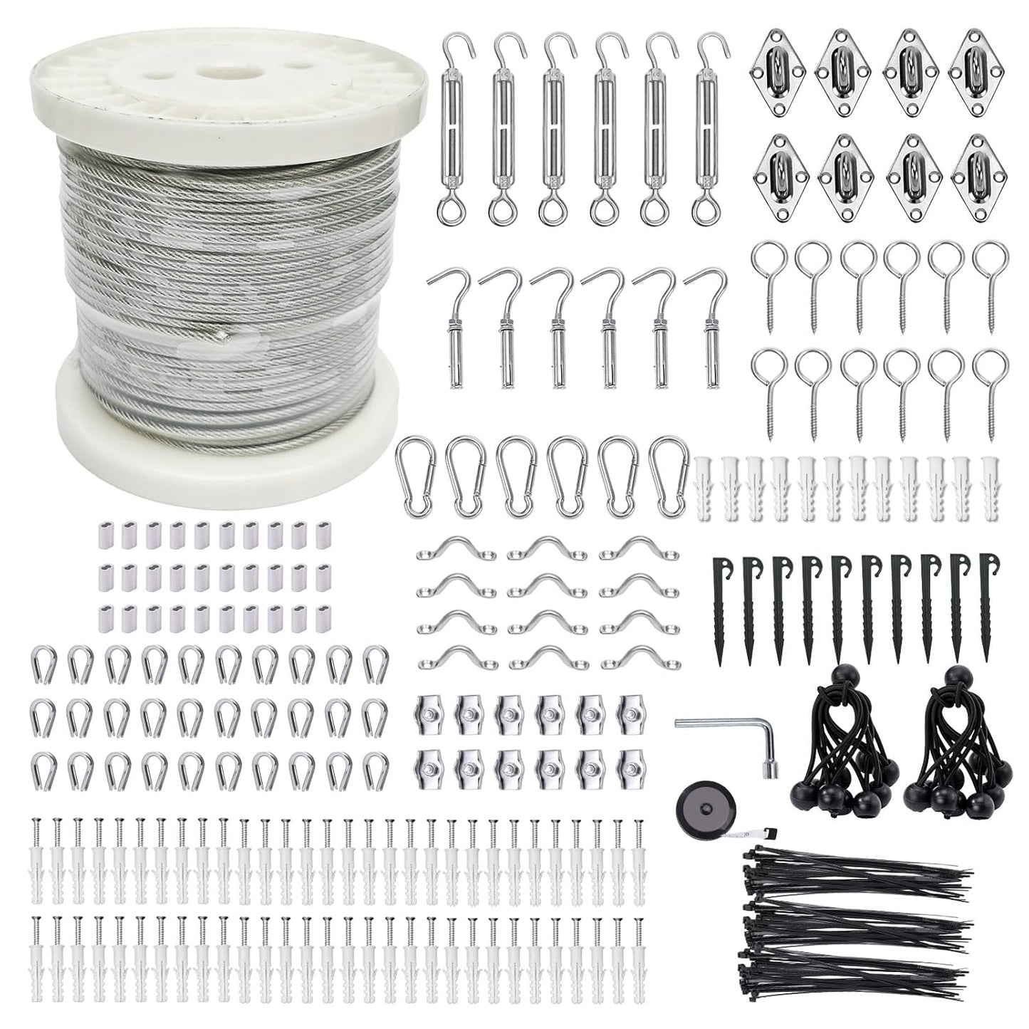 5/32" Wire Cable Rope Kit ，Vinyl Coated 304 Stainless Steel Wire – 300FT 7x7 Strand Cable with Turnbuckles，Shade Sail & Hanging Lights Hardware Kit for Outdoor, Garden,Patio, Crafts, Hanging Lights