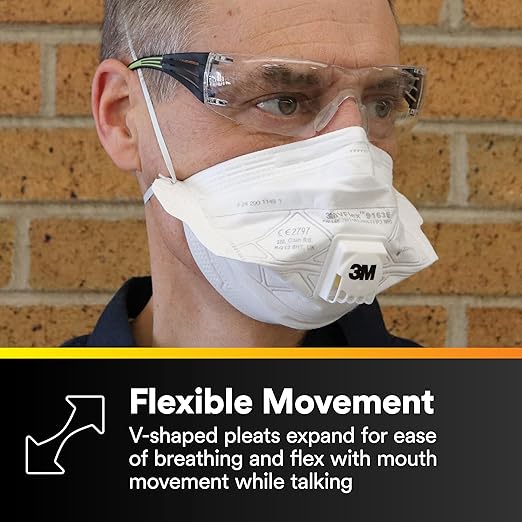 3M N95 Disposable Respirator, VFlex Particulate Respirator 9105, Pack of 50, Standard Size, NIOSH Approved, For Sweeping, Sanding, Grinding, Sawing, Bagging, Dust