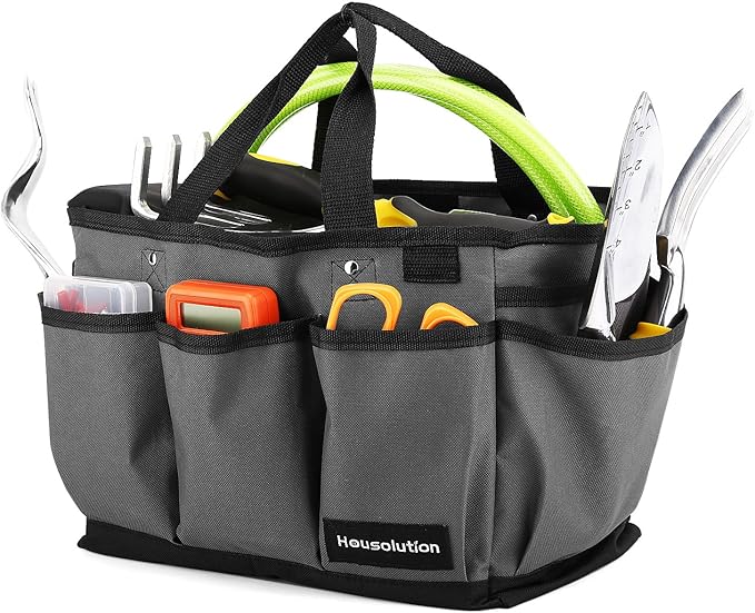 Housolution Gardening Tote Bag, Deluxe Garden Tool Storage Bag and Home Organizer with Pockets, Wear-Resistant & Reusable, 14 Inch, Gray + Black