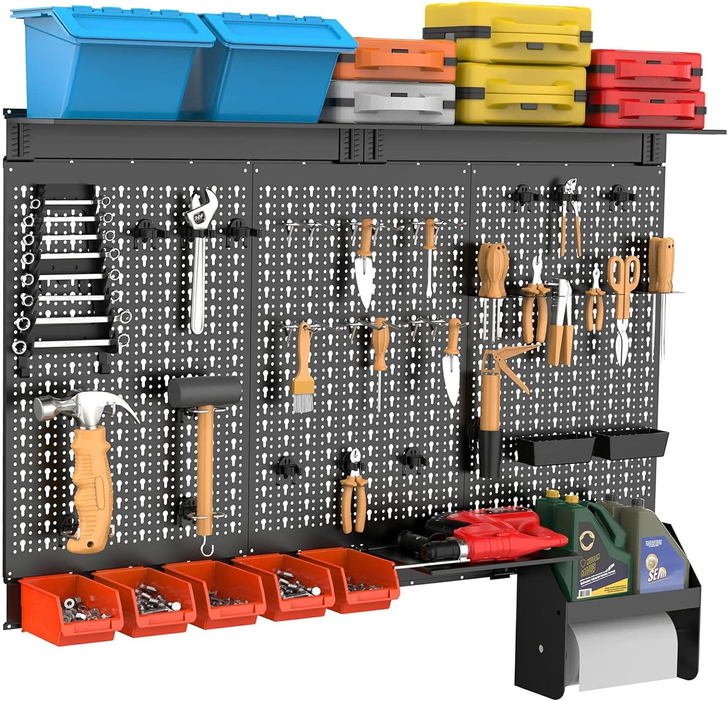 TORACK Metal Pegboard Wall Organizer 4ft Wide, Tool Storage Pegboard System for Garage with Accessories, Wall Mount Storage Bins, Shelves, Peg board Tool Organizer Kit for Workbench(Black)