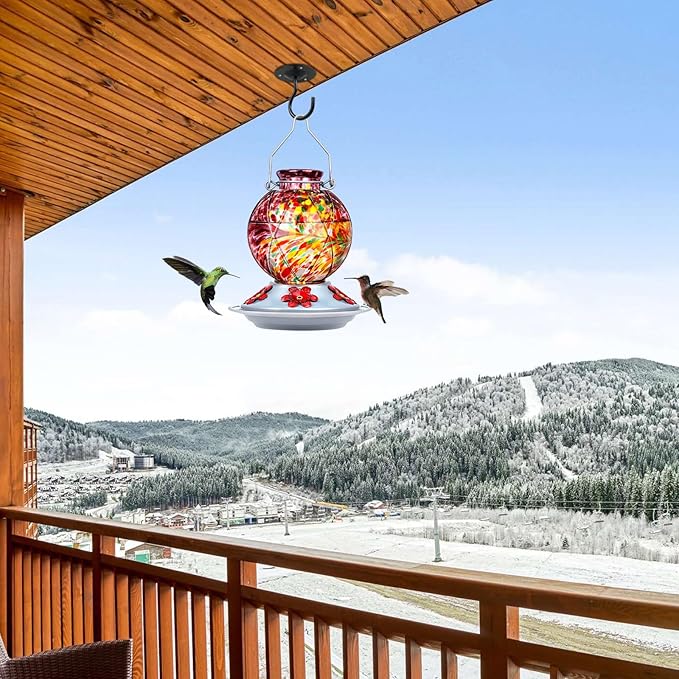 BOLITE Hummingbird Feeder, Hummingbird Feeders for Outdoors Hanging, Hand Blown Glass, Meshy Texture Ball Shape Bottle, 5 Feeding Ports with Perch, 20 Ounces, Leak Proof, Purple, Gifts for Women Men