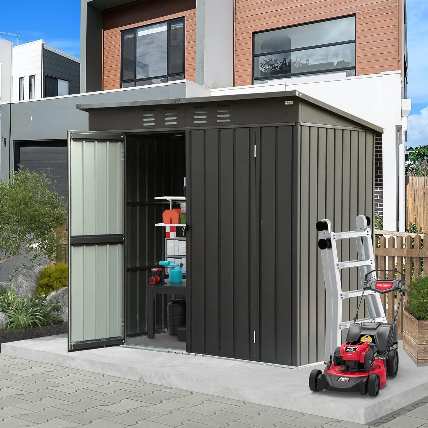 Domi Outdoor Storage Shed 6' x 4.5’, Metal Garden Shed with Galvanized Steel Frame for Bike, Tools, Lawn Mowers, Pool Toys, Outdoor Storage Cabinet with Lockable Door for Garden Lawn Patio (Dark Grey)