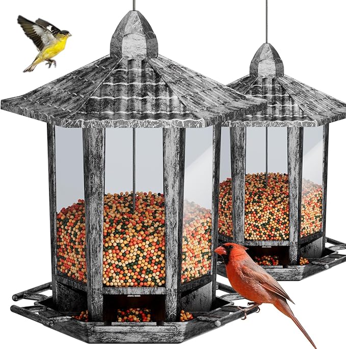 Birdream 2 Pack Bird Feeders for Outdoor, Retro Pagoda Design Fun Installation Bird Feeder, Attracting Wild Birds Chickadees Goldfinches Cardinals Finches and Sparrows - Retro Silver