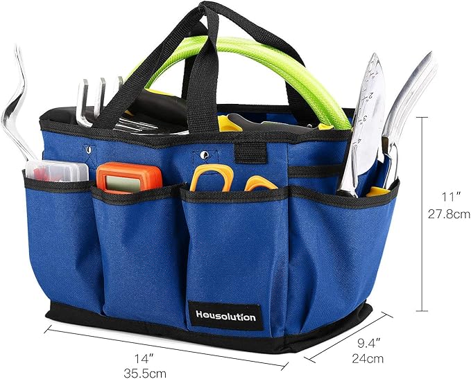 Housolution Gardening Tote Bag, Deluxe Garden Tool Storage Bag and Home Organizer with Pockets, Wear-Resistant & Reusable, 14 Inch, Blue