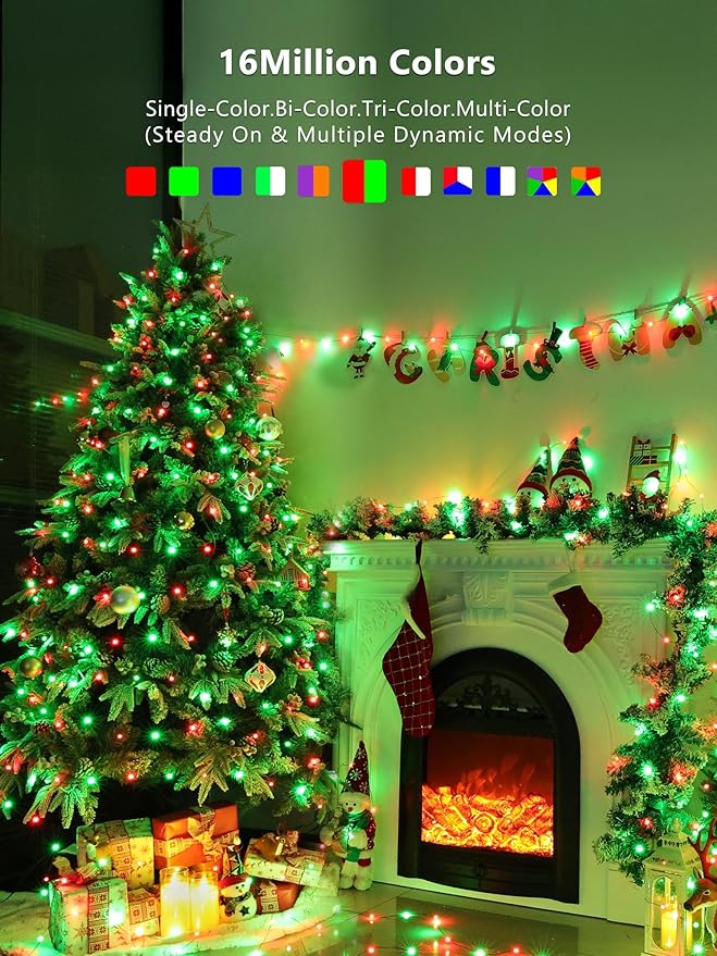 BrizLabs Smart Christmas Fairy Lights, 33ft 100 LED Color Changing Christmas Lights Work with Alexa & Google Home, Rainbow Xmas Light Dimmable Xmas Tree Lighting Green Wire for Xmas Halloween Party