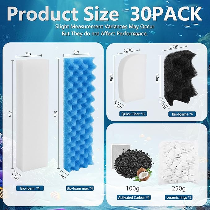 30 Pack Replacement Filter Media Kit Compatible with Fluval 306/307 Aquarium Filters, Including Bio Ceramic Rings, Activated Carbon, Blue, White & Black Bio Foam Value Pack
