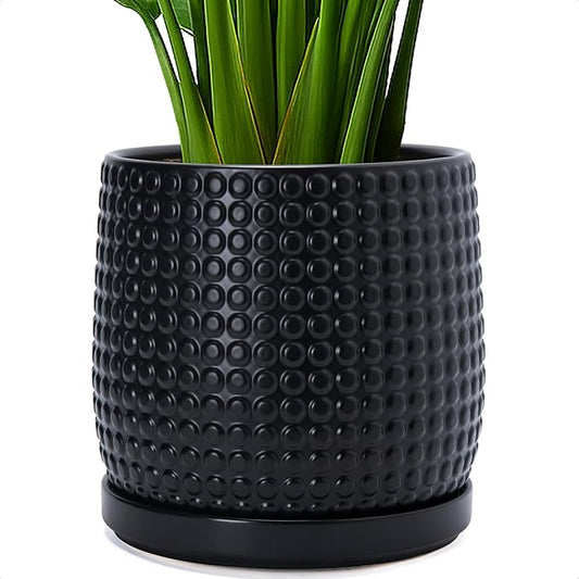 D'vine Dev 10 Inch Ceramic Beaded Stoneware Planter Pot - Flower Pot with Drainage Holes and Saucers for Indoor Succulent Plants or Flowers, Ebony Matte, 27-C-P-6