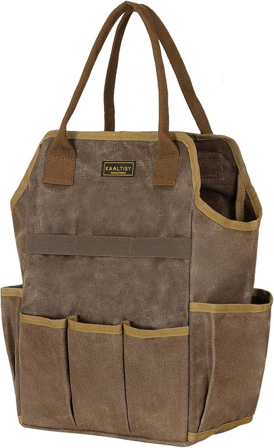 Canvas Garden Tool Bag, 16OZ Waxed Canvas Garden Tools Storage Tote - with 3 Inner Slots + 8 Outer Pockets, Multi-Functional Tool Organizer Bag for Gardener Florist Workshop, Grey, 9.5 x 6 x 15.5 In