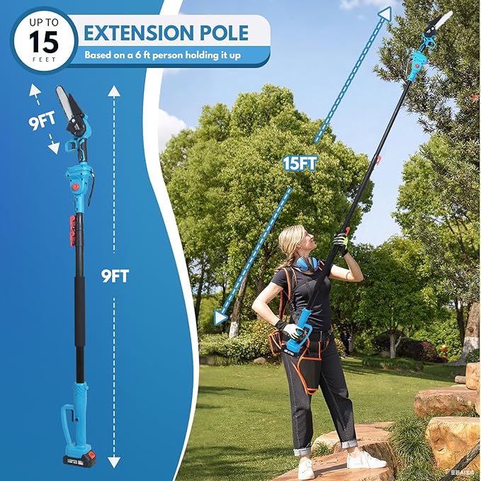 4-in-1 Cordless Pole saw Pruning Set, Electric Pruning Shears & 6 Inch pole saws for tree trimming with 8ft Max Extension Pole, Two 20V 2.0Ah Batteries, Electric Pole Saw Tree Trimming Kit