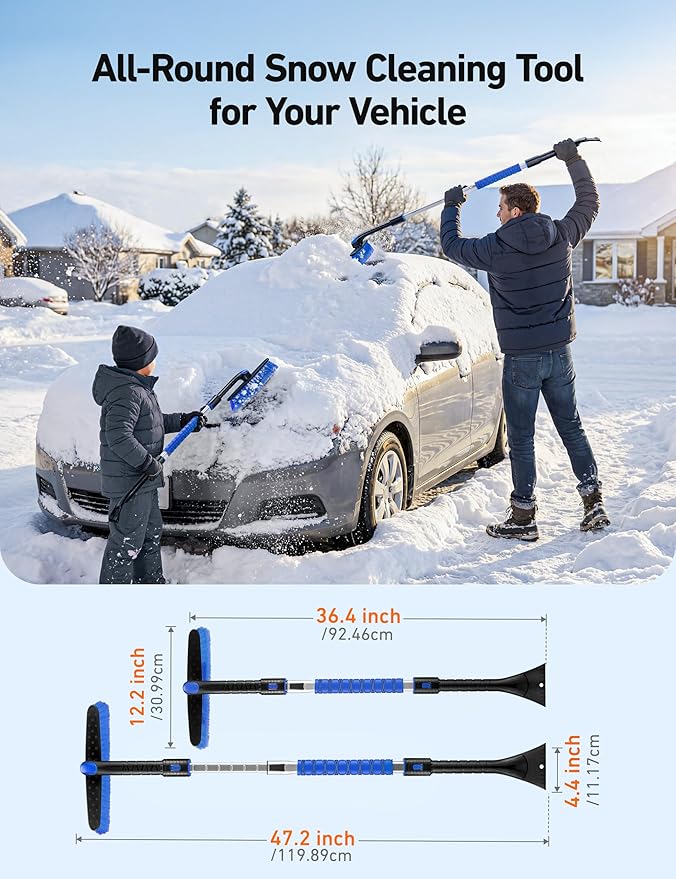 AstroAI 47.2" Ice Scrapers for Car Windshield and Extendable Snow Scraper with Foam Grip and 360° Pivoting Brush Head for Christmas Car Auto Truck SUV(Blue)