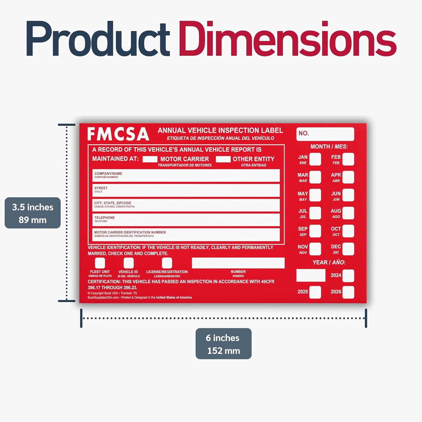 50 Pack Buck Aluminum Annual Vehicle Inspection Label with Punch Boxes, 2 Mil Red FMCSA Self Adhesive Sticker, DOT Compliant, Weatherproof, Tear Resistant, Easy to Write On, 6" x 3.5" - Made in USA