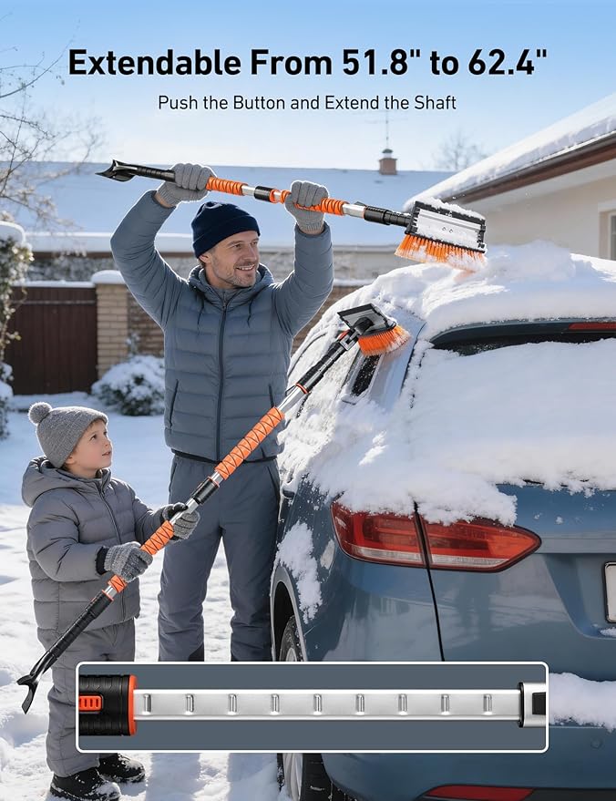 AstroAI 62.4" Ice Scrapers for Car Windshield, 3 in 1 Sturdy Snow Brush with Squeegee, 10 Adjustable Length Settings, Extendable Aluminum Handle, 180° Pivoting Snow Brush for Car, Truck, SUV(Orange)