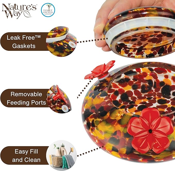 Nature's Way Bird Products GHF5 Hand Blown Garden Top Fill Hummingbird Feeder, 16 oz Capacity, Molten