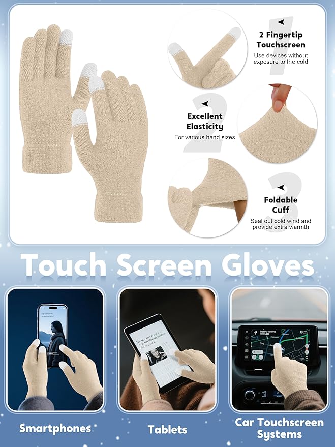 URATOT 4-In-1 Winter Warm Sets Knitted Scarf Touch Screen Gloves Beanie Pompom Hat and Winter Ear Warmer for Men or Women