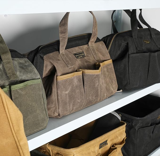 Tool Bag with Zipper, Heavy Duty 16oz Waxed Canvas Wide Mouth Tool Tote Bag, 13-inch Muti-Purpose Storage Tool Pouch with Side Pockets