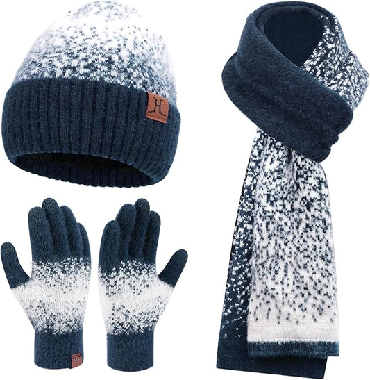 Womens Winter Knit Beanie Hats and Touchscreen Gloves Long Scarf Set with Warm Fleece Lined Skull Caps Scarves for Women