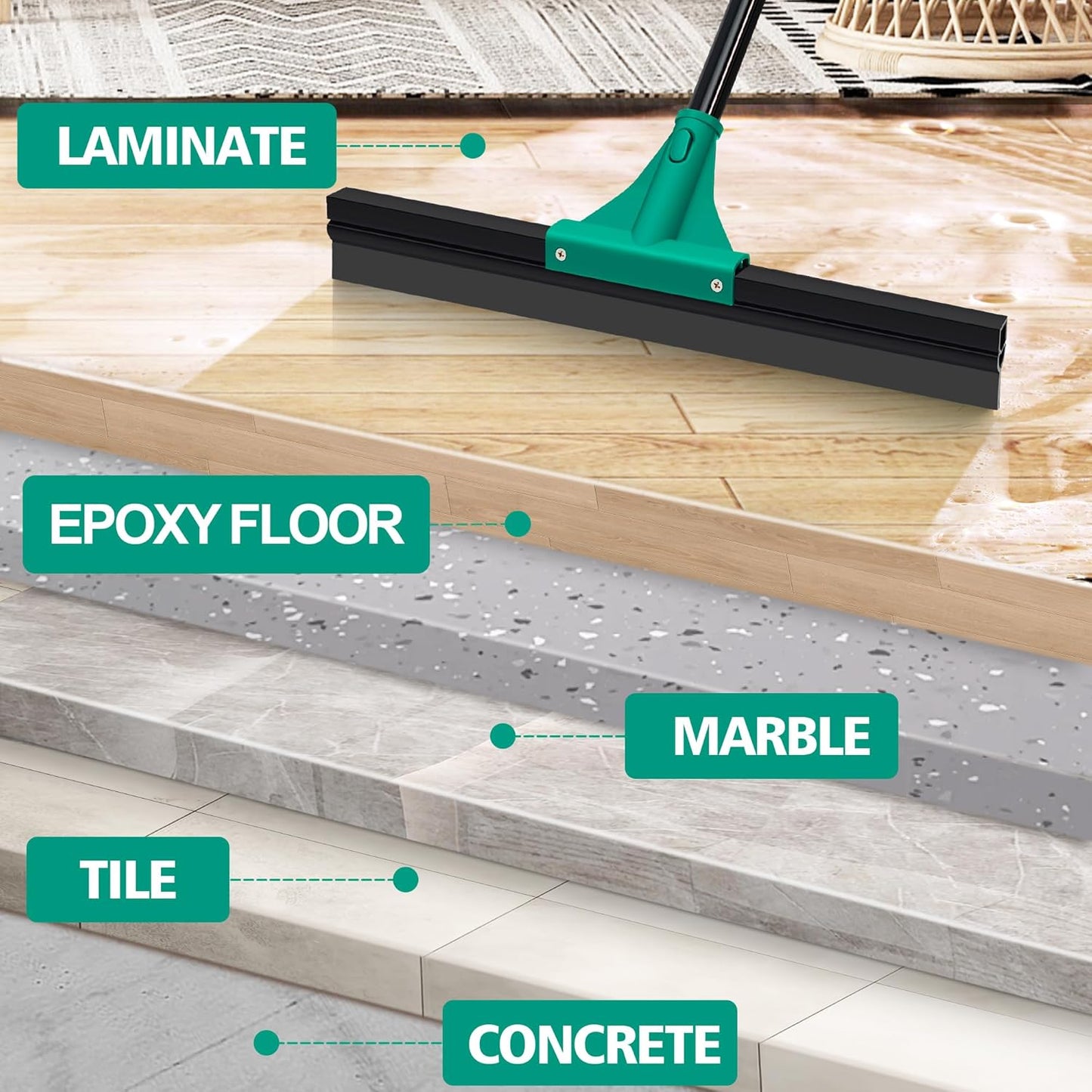 JEHONN Floor Squeegee Heavy Duty with 58.3 inches Long Handle, Rubber Scraper Broom for Cleaning Foam Water on Garage Concrete Bathroom Tile Marble Shower Glass Shop Deck Window Indoor Outdoor Green