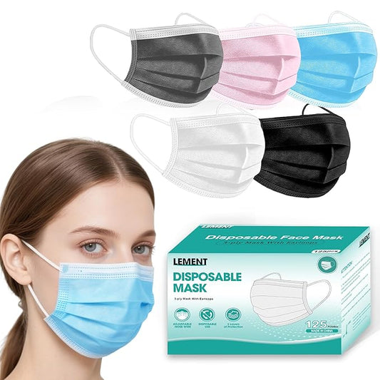 LEMENT Disposable Face Masks 125 Pcs, 3 Ply Face Mask Elastic Earloops for Indoor Outdoor, Disposable Masks for Adults, 5 Color