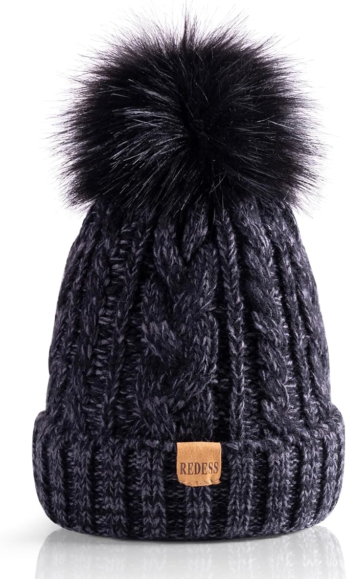 REDESS Women Winter Pompom Beanie Hat with Warm Fleece Lined, Thick Slouchy Snow Knit Skull Ski Cap