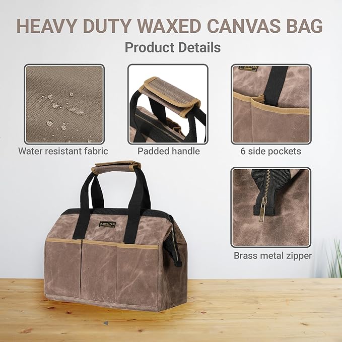 Tool Bag, 15-inch Heavy Duty 16oz Waxed Canvas Wide Mouth Water-Resistant Tool Bag, Tool Tote with Handle for Tools, Wrenches, Screwdrivers (15 X 7.8 X 11.5 inch) | Grey