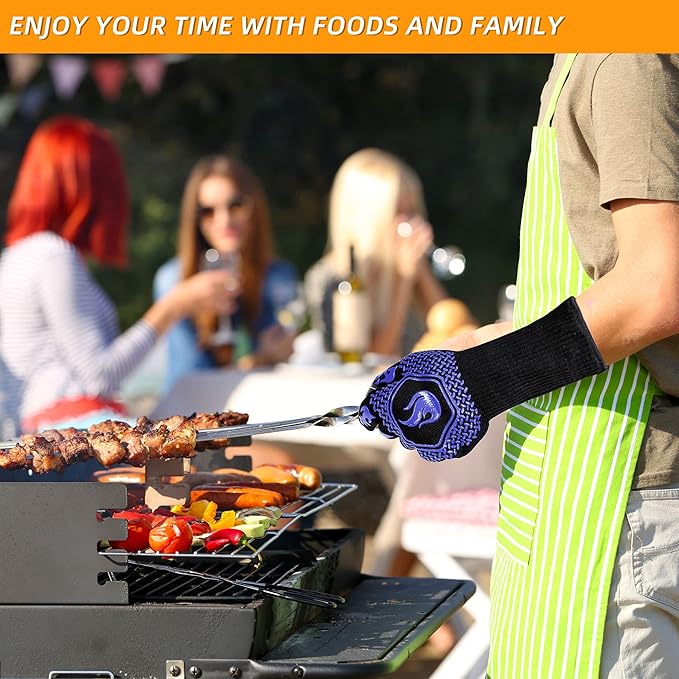 BBQ Fireproof Gloves, Grill Cut-Resistant 1472°F Heat Resistant Gloves, Non-Slip Silicone Oven Gloves, Kitchen Safe Cooking Gloves for Oven Mitts,Barbecue,Cooking, Frying,13.5 Inch-Blue