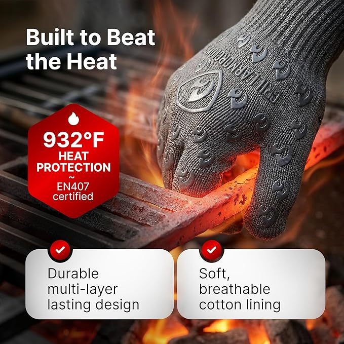 Oven Gloves with Fingers - 932°F Extreme Heat Proof and Cut Resistant Mitts for Kitchen, BBQ, Grill, Baking, Fire Pit - EN407 Certified with Non-Slip Silicone Grip and Cotton Lined for Comfort