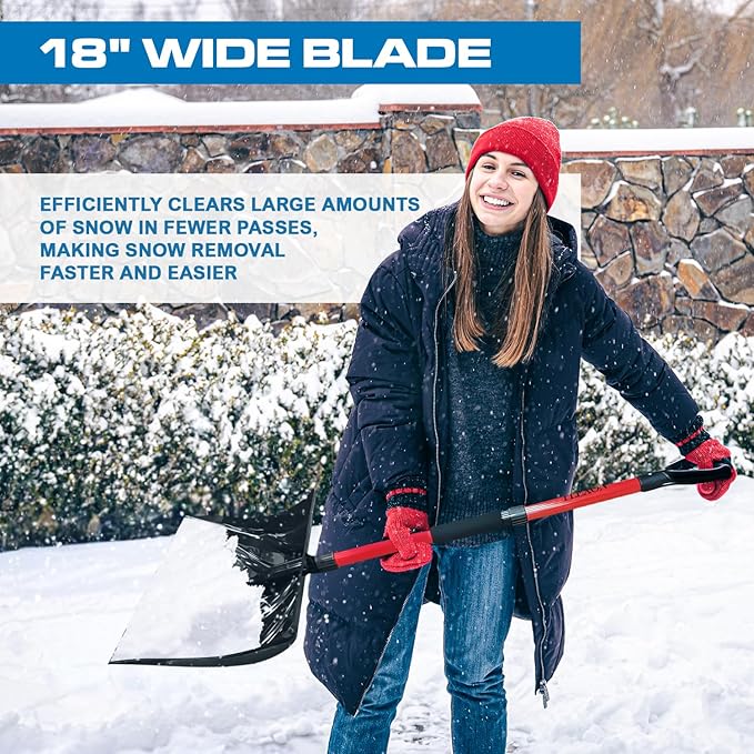 PLEXON Snow Shovel for Driveway Car with Ice Chopper - Ergonomic Collapsible Lightweight Folding Fiberglass Snow Pusher for Snow Removal and Breaking Ice - 18" Width 47", Black, Red