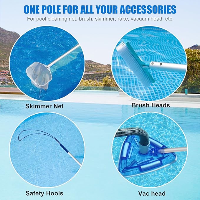 Professional 12 Foot Telescopic Aluminum Swimming Pool Pole - Attach Connect Skimmer Nets, Rakes, Brushes, Vacuum Heads Cleaning