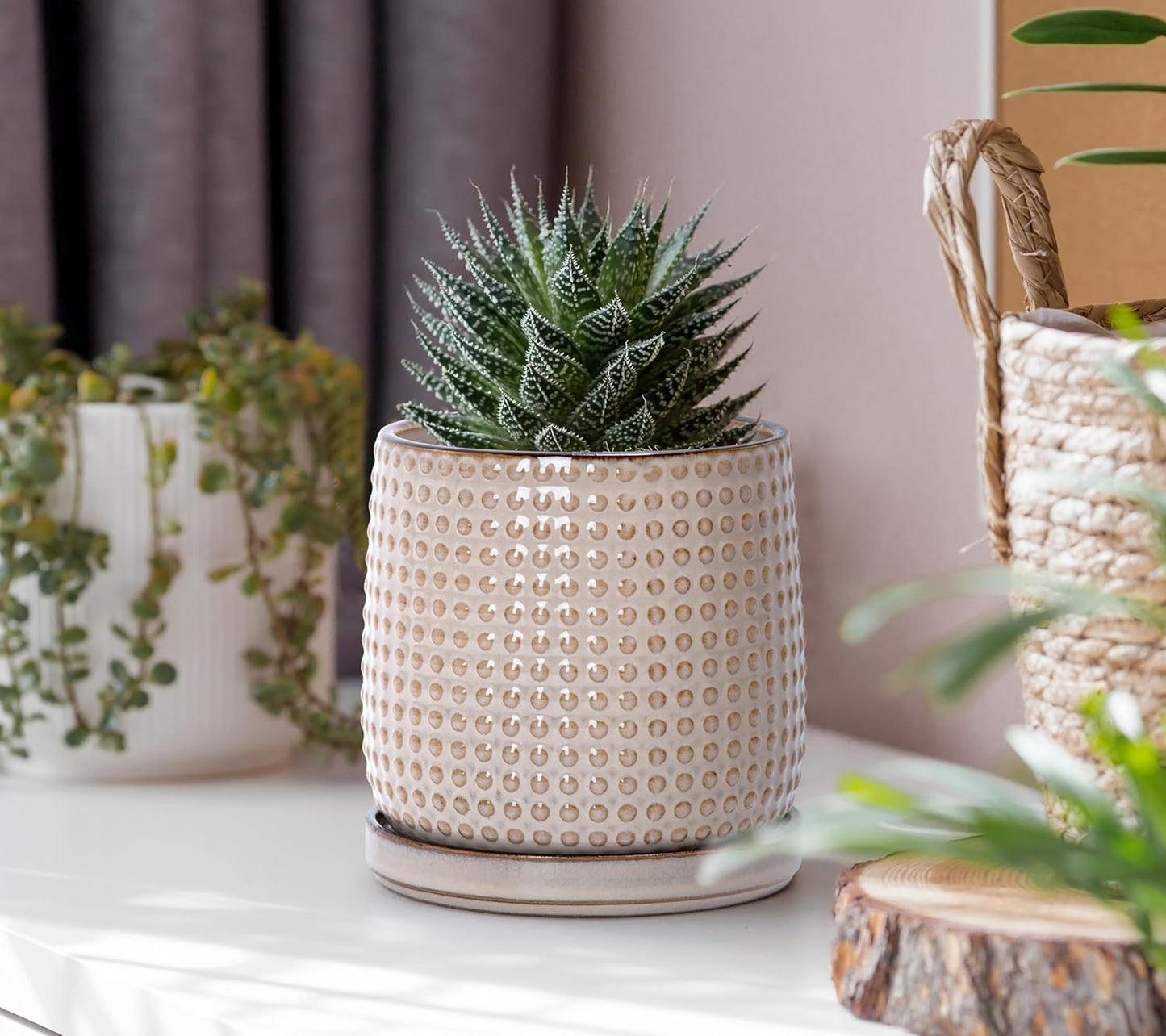 D'vine Dev Set of 2 Ceramic Plants Pots, 4 Inch Beaded Stoneware Flower Pot for Plants with Drainage Hole and Saucer, Light Brown, 27-E-Z-4