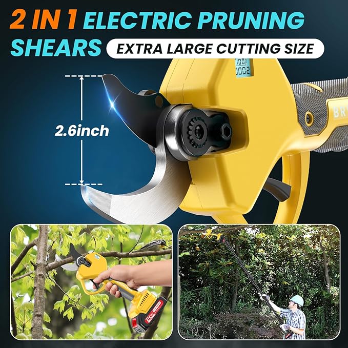 2-in-1 Pole Pruning Shears, 2.6 Inches Opening size Cordless Electric Pole Pruners - Brushless Motor, 2.0Ah*2 Batteries, SK7 Blade, 8.7FT Adjustable Branches Cutter for Tree Trimming