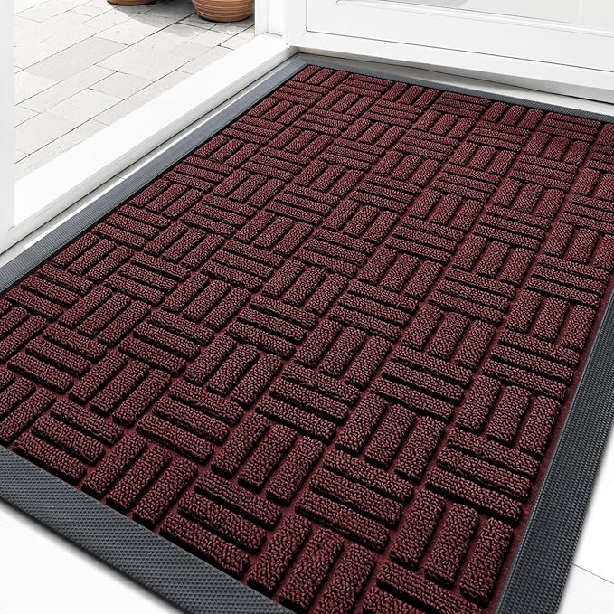 OLANLY Front Door Mat Outside Entrance 35x23, Absorbent, Heavy Duty Sturdy Natural Rubber Doormat Indoor Outdoor, Non-Slip, Stain and Fade Resistant, Low Profile Floor Mat for Entryway, Burgundy