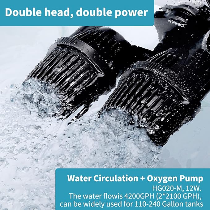 hygger 4200GPH Double Head Aquarium Circulation Pump, Quiet 12W Aquarium Wave Maker, with Strong Magnetic Suction Base, 360°Adjustable Power Head, for 110~240 Gal Tank