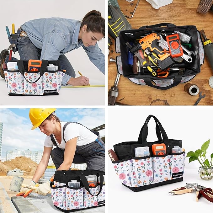 Housolution Gardening Tote Bag, Deluxe Garden Tool Storage Bag and Home Organizer with Pockets, Wear-Resistant & Reusable, 14 Inch, White Floral