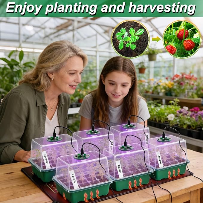 Apipi Seed Starter Tray with Grow Light & Heat Mat- 6 Pack 72 Cell Durable Easy Use Seed Starter Kit for New Gardener, Rapid Seedling Germination Kit with Humidity Domes for Plant Growing Propagation